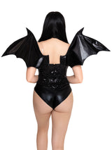 Leg Avenue Wet Look Strapless Bat Wings Black on model, showcasing dramatic bat wings accessory from the back.