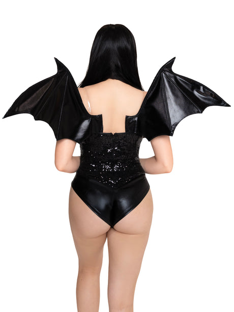 Leg Avenue Wet Look Strapless Bat Wings Black on model, showcasing dramatic bat wings accessory from the back.