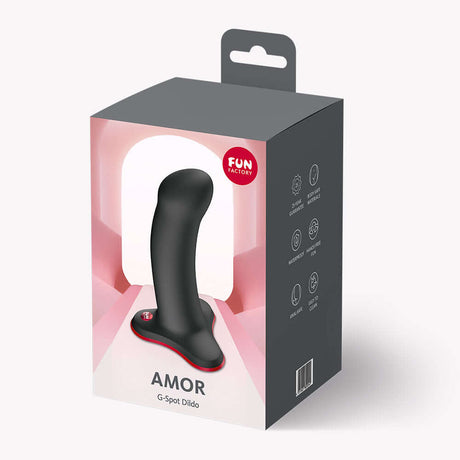 Fun Factory Amor G-Spot Silicone Dildo Black packaging showing a compact internal stimulator for precise stimulation.
