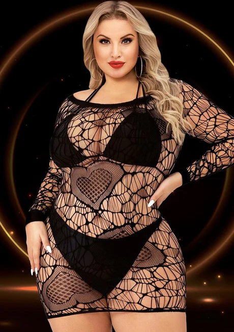 Lapdance Long Sleeve Mini Dress Queen Size Black featuring daring cutouts and heart details in a curvy fit.