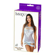 Be Savage Sheer Halter Dress Blue packaging showcasing a model wearing the sheer halter dress with unique cutouts.