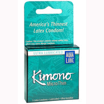 Kimono Microthin Condoms with Aqua Lube 3 Pack packaging showcasing ultra-thin latex condoms with water-based lube.