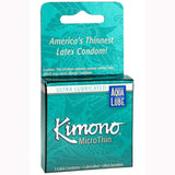 Kimono Microthin Condoms with Aqua Lube 3 Pack packaging showcasing ultra-thin latex condoms with water-based lube.