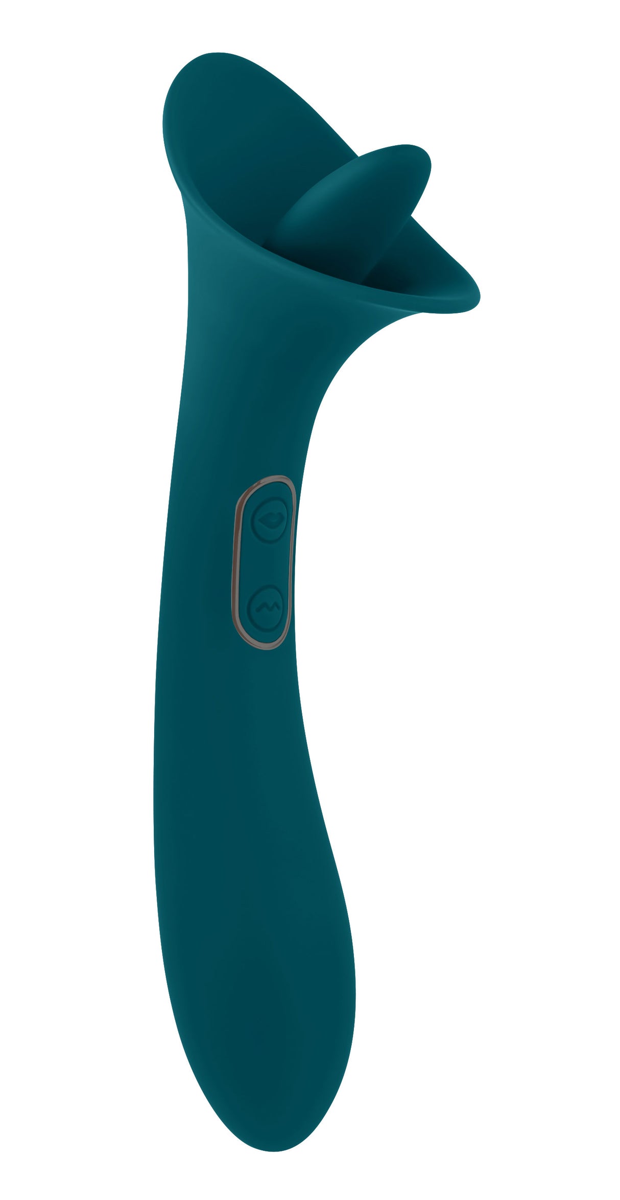 Playboy Pleasure True Indulgence Vibrator Deep Teal sleek design with soft tongue and control buttons.