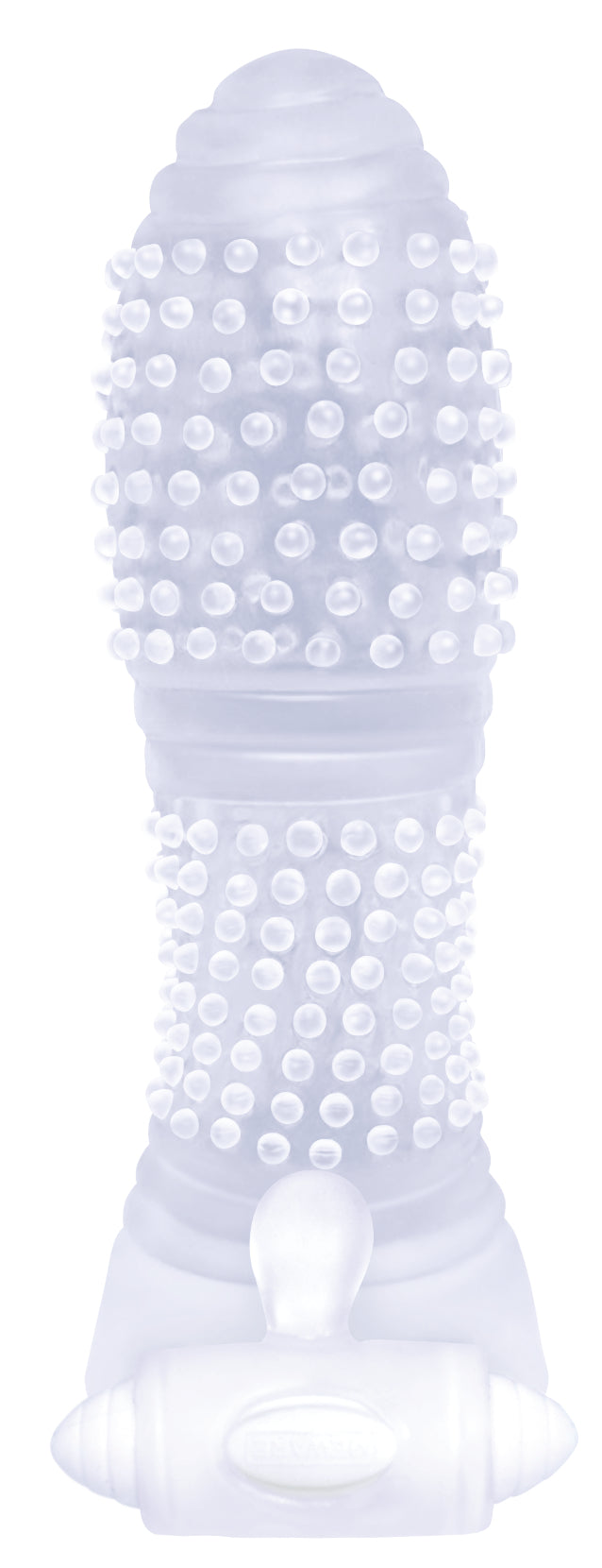 The 9's Vibrating Sextenders Nubbed Sleeve Clear featuring a textured nubbed surface for enhanced pleasure.