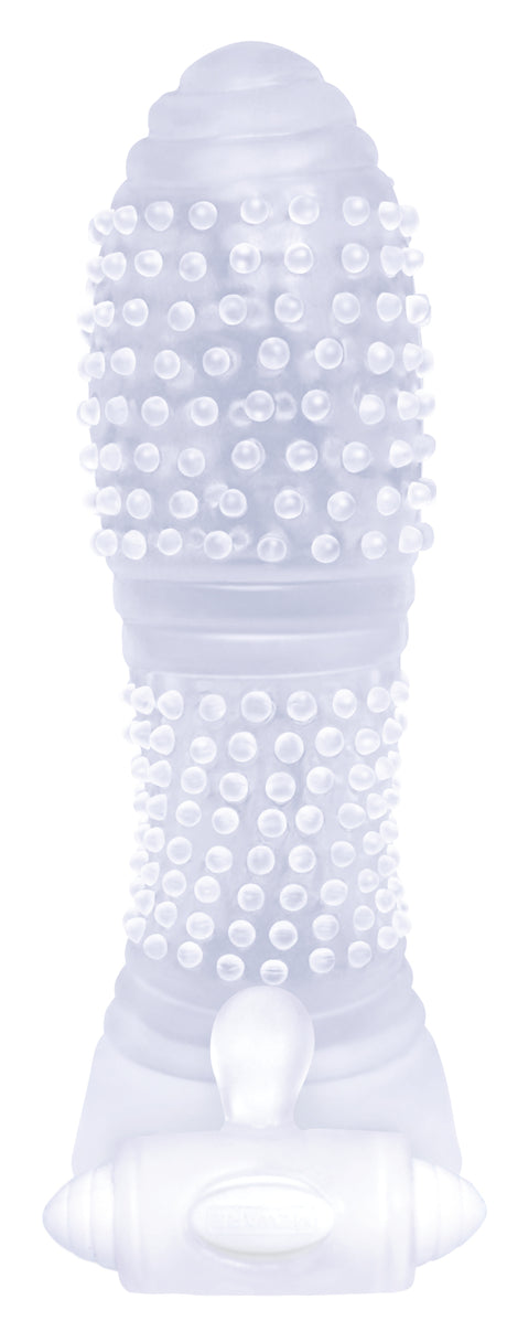 The 9's Vibrating Sextenders Nubbed Sleeve Clear featuring a textured nubbed surface for enhanced pleasure.
