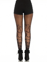 Leg Avenue Bat Wing Sheer Tights Black OS worn with shorts, showcasing bat patterns on sheer fabric, perfect for Halloween.