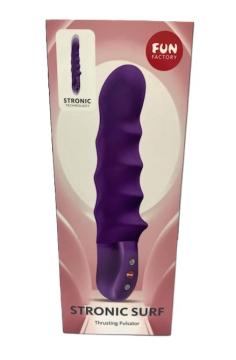 Fun Factory Stronic Surf Thrusting Pulsator Dark Violet in packaging, showcasing its sleek design and features.