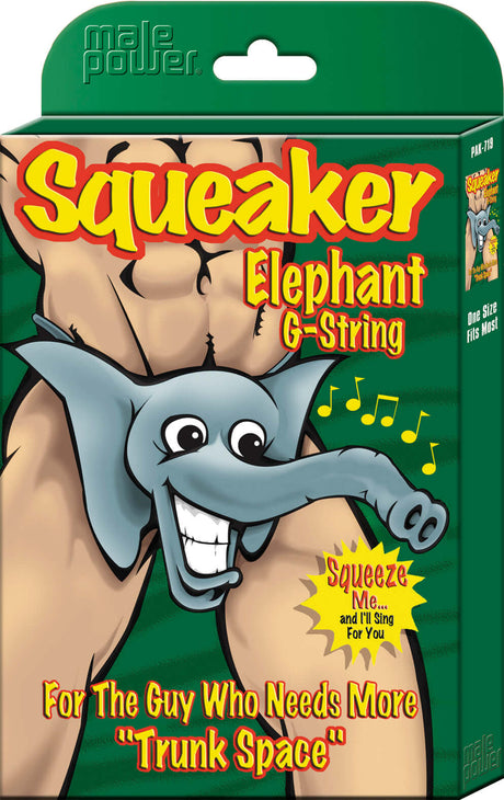 Male Power Novelty Squeaker Elephant G-string packaging featuring playful elephant design and humorous text.
