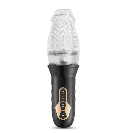 Cyclone Blowjob 360 Rotating Masturbator with clear textured sleeve and control buttons.