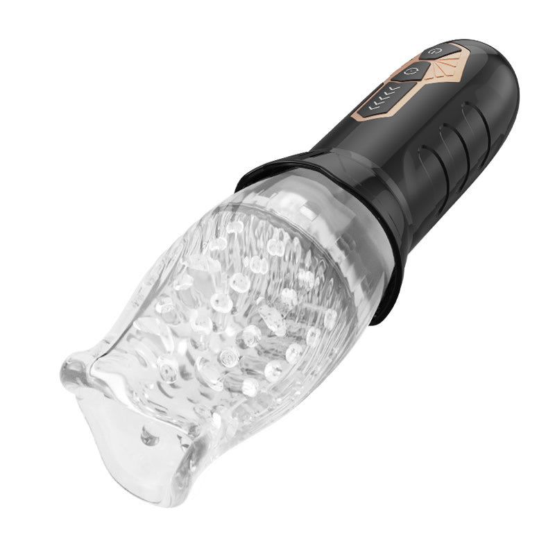 Cyclone Blowjob 360 Rotating Masturbator showcasing a clear TPE sleeve and ergonomic design for enhanced stimulation.