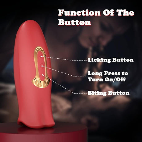 Image showing the Smooches No 1 Mouth Biting Tongue Vibrator with button functions labeled: Licking and Biting Buttons.