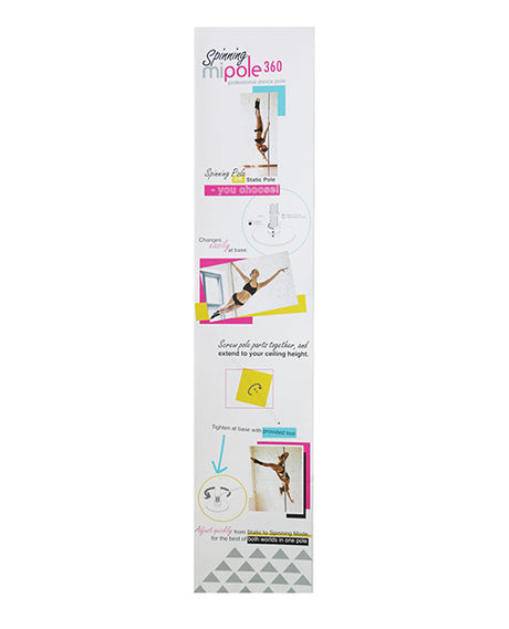 Image showing the MiPole 360 Spinning Dance Pole Chrome with installation instructions and usage features.