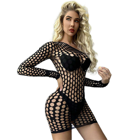Black Pearl Large Pothole Long Sleeve Dress Black on model showcasing peek-hole detailing and sleek silhouette.