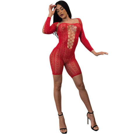 Black Pearl 2-piece Bling Heart Lace Romper With Sleeves Red model showcasing seductive style and elegance in red lace.