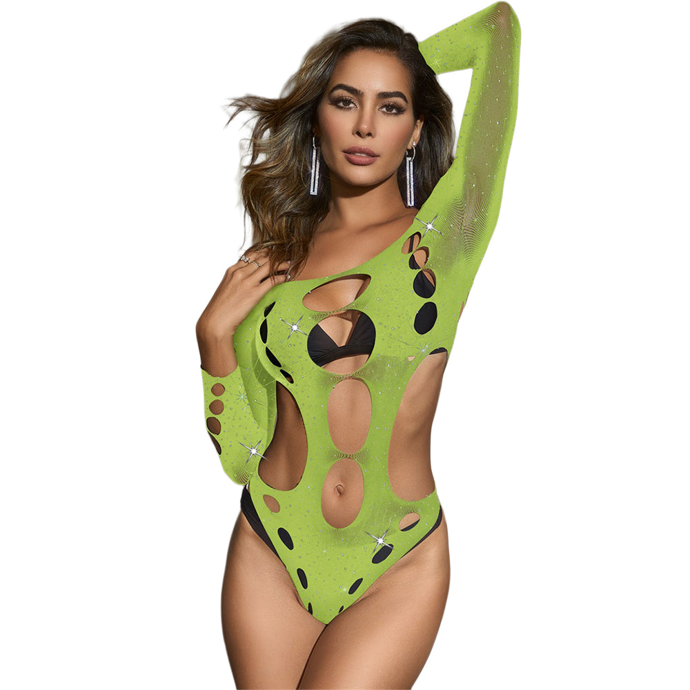 Black Pearl Bling Cut Out Teddy Lime featuring eye-catching bling and daring cut-out design in vivid lime color.