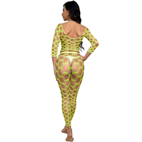 Black Pearl Hexagon Lace Crop Top With Leggings Neon Yellow showcased in a bold neon yellow lace two-piece set.