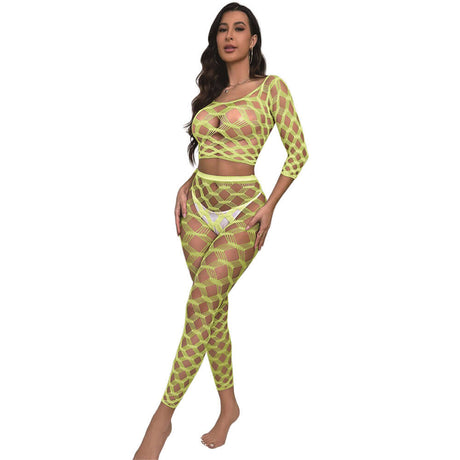 Black Pearl Hexagon Lace Crop Top With Leggings Neon Yellow worn by a model showcasing its bold design.