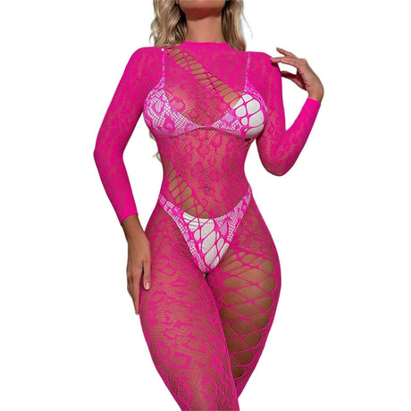 Bold Black Pearl Leopard Lace Catsuit Pink showcasing sheer lace and a striking leopard design.