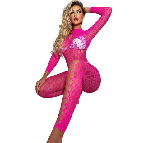 Black Pearl Leopard Lace Catsuit Pink showcases a bold, sheer lace design for a striking, body-hugging look.