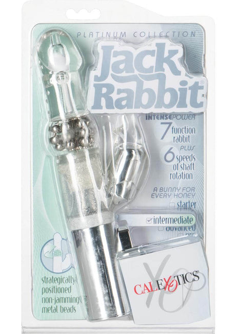 Jack Rabbit Platinum Collection Rabbit Vibrator Silver displayed in packaging featuring seven functions and non-jamming beads.