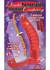 Double Penetrator Ultimate Cock Ring Vibrating Dildo Red packaging showcasing its features and design.