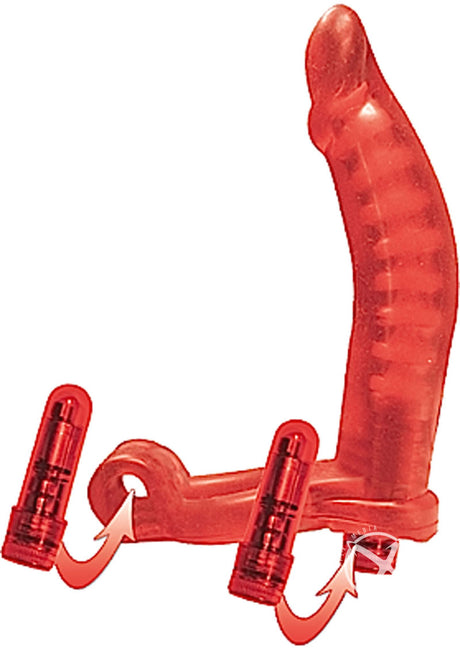 Double Penetrator Ultimate Cock Ring Vibrating Dildo Red with dual vibrating bullets and flexible design for couples.