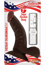 All American Whoppers 7 Inch Vibrating Dildo Chocolate in packaging with remote, showcasing lifelike design and powerful vibrations.