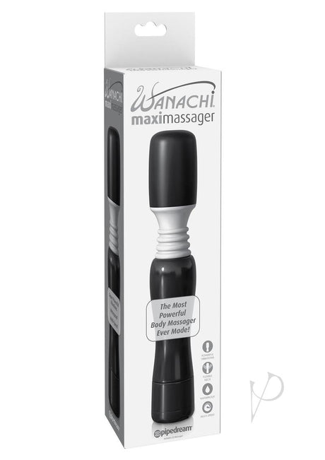Maxi Wanachi Wand Massager Black packaging featuring powerful vibrations and flexible neck design.
