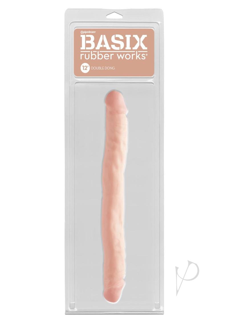 Basix Rubber Works Double Dong Waterproof 12 inch Vanilla displayed in packaging for enhanced pleasure.
