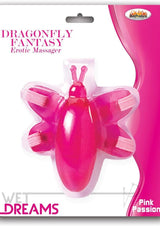 Dragonfly Fantasy Erotic Massager Strap On Pink in packaging, designed for intimate stimulation and pleasure.