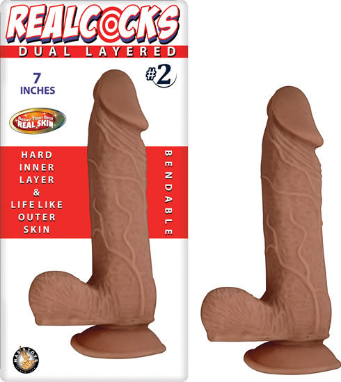 Real Cocks Dual Layered No 2 Bendable Dildo 7 Inch Brown in packaging with lifelike details and bendable design.