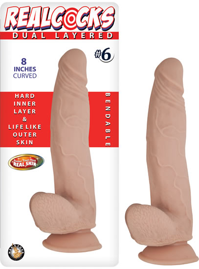 Real Cocks Dual Layered No 6 Curved 8 Inch Dildo Flesh, dual-layered design, lifelike feel, 8 inches curved.