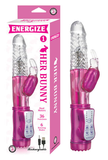 Energize Her Bunny 1 Pink Rabbit Vibrator showcasing dual motors, 36 functions, and 6 rotating modes for ultimate pleasure.