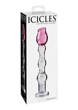 Icicles No 12 Beaded Flower Glass Dildo 7.25 inch Clear Pink in packaging, showcasing its elegant design and craftsmanship.
