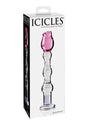Icicles No 12 Beaded Flower Glass Dildo 7.25 inch Clear Pink in packaging, showcasing its elegant design and craftsmanship.