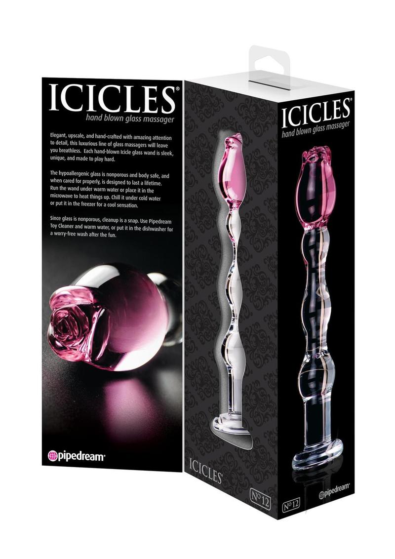 Icicles No 12 Beaded Flower Glass Dildo 7.25 inch Clear Pink in elegant packaging with floral design.