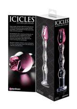 Icicles No 12 Beaded Flower Glass Dildo 7.25 inch Clear Pink in elegant packaging with floral design.