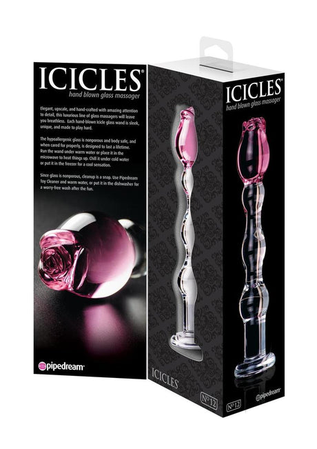 Icicles No 12 Beaded Flower Glass Dildo 7.25 inch Clear Pink in elegant packaging with floral design.