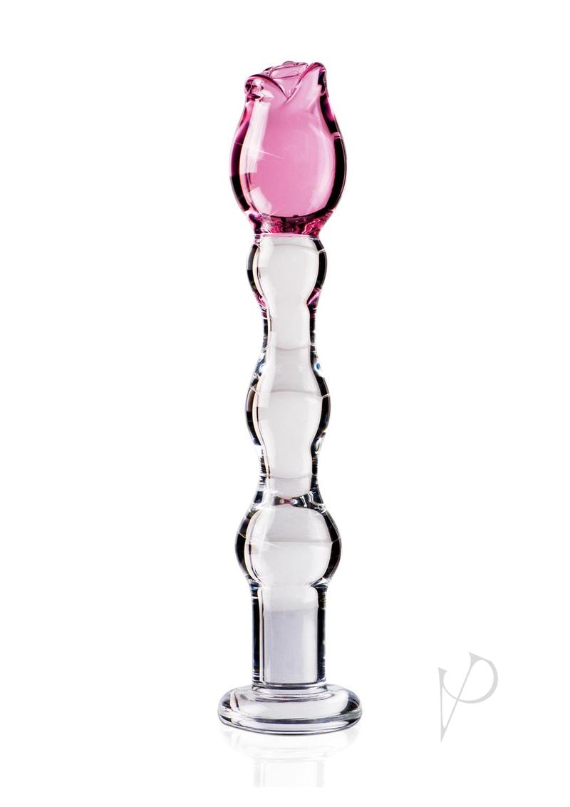 Icicles No 12 Beaded Flower Glass Dildo 7.25 inch Clear Pink, hand-blown glass wand with a rose tip design.