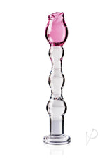 Icicles No 12 Beaded Flower Glass Dildo 7.25 inch Clear Pink, hand-blown glass wand with a rose tip design.