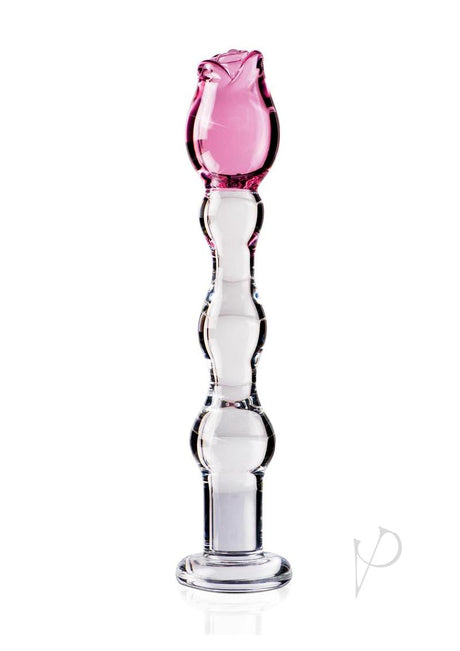 Icicles No 12 Beaded Flower Glass Dildo 7.25 inch Clear Pink, hand-blown glass wand with a rose tip design.