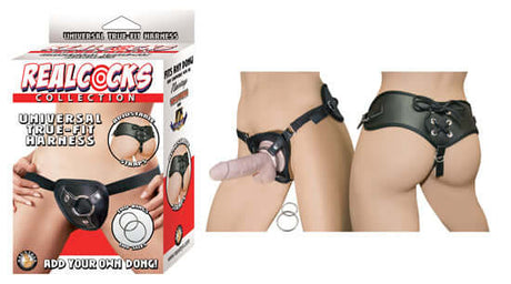Image of Real Cocks Universal True Fit Harness Black packaging and product showcasing its adjustable design and features.