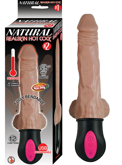 Natural Realskin Hot Cock No 2 Brown Vibrating Dildo in packaging showing lifelike detail and features.