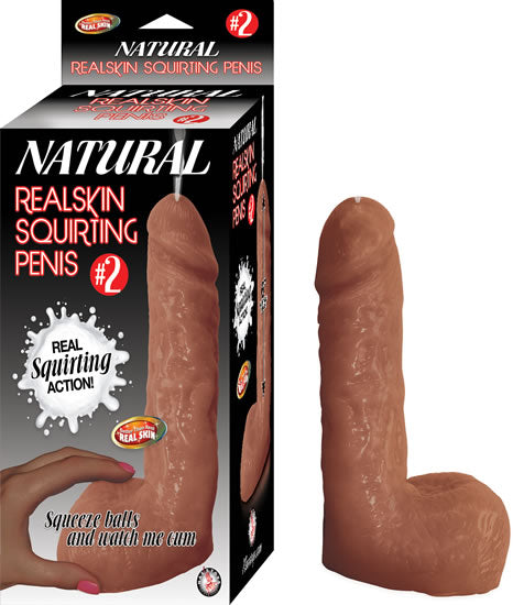 Natural Realskin Squirting Penis Dildo No 2 Brown packaging and product display with squirting action.