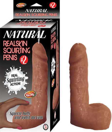 Natural Realskin Squirting Penis Dildo No 2 Brown packaging and product display with squirting action.