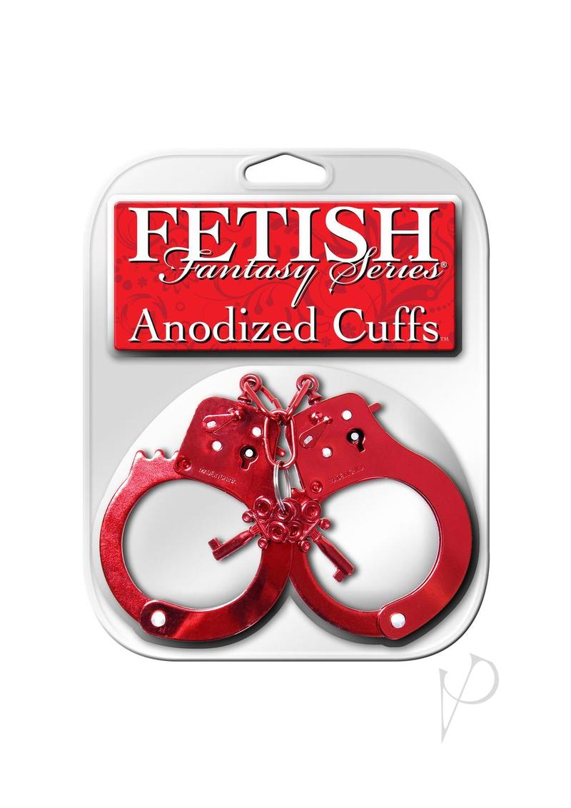 Fetish Fantasy Anodized Metal Cuffs Red packaged for restraint play, featuring sturdy red metal design.