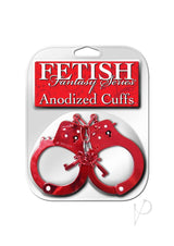 Fetish Fantasy Anodized Metal Cuffs Red packaged for restraint play, featuring sturdy red metal design.