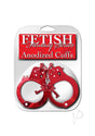 Fetish Fantasy Anodized Metal Cuffs Red packaged for restraint play, featuring sturdy red metal design.