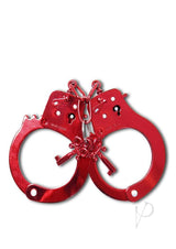 Fetish Fantasy Anodized Metal Cuffs Red showcasing shiny red metal for restraint play.